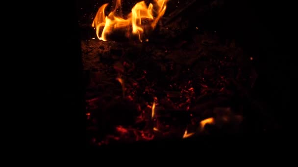 红色的煤块在夜间的烤架上燃烧，慢动作，特写 — 图库视频影像