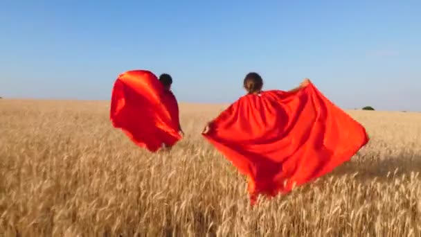 Супергероїня-підліток біжить по полю з пшеницею проти блакитного неба — стокове відео