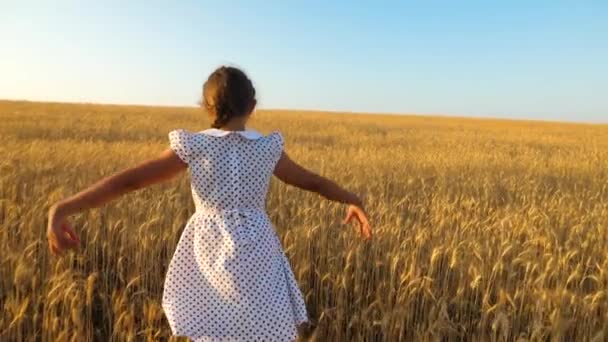 Fröhliches Mädchen tanzt im Feld von reifem Weizen vor blauem Himmel, Zeitlupe — Stockvideo