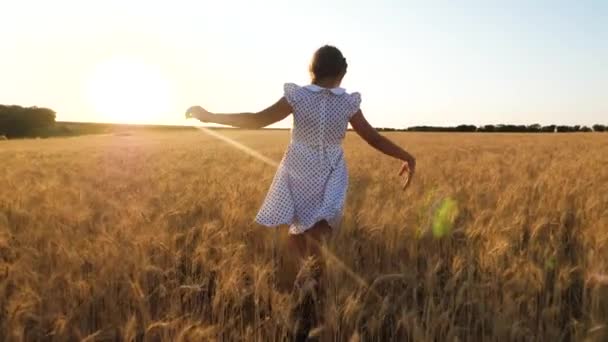 Felice bambina sta volando in un campo di grano maturo, su uno sfondo tramonto, al rallentatore — Video Stock