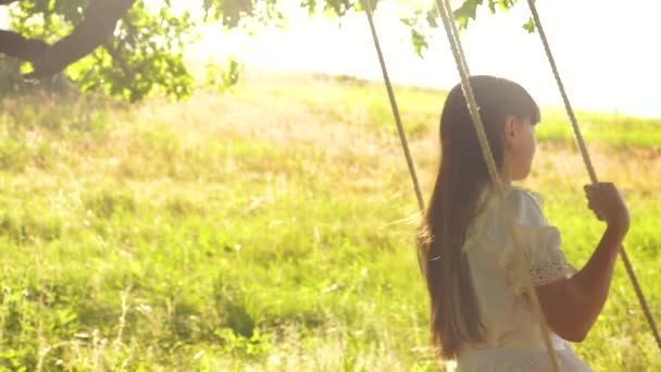 Όμορφη κοπέλα με μακριά μαλλιά λίκνισμα στην κούνια στο φωτεινό χρυσό ηλιοβασίλεμα και να χαμογελά. Αργή κίνηση — Αρχείο Βίντεο