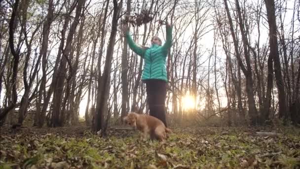 Adolescente chica con perro está vomitando hojas de otoño. Movimiento lento . — Vídeo de stock