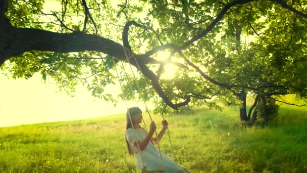 Szczęśliwa dziewczyna z długimi włosami, kołysanie na swing w jasne promienie Złotego słońca i uśmiecha się. Zwolnionym tempie — Wideo stockowe