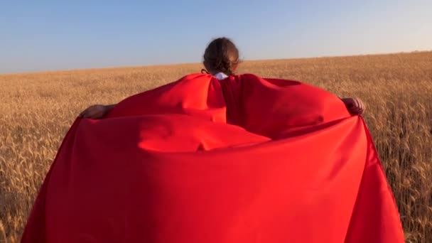 Mädchen supe rhero läuft über Feld mit Weizen in rotem Mantel gegen blauen Himmel. — Stockvideo