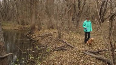 Köpek ile genç kız bir sonbahar Park nehir kenarındaki yürüyüş