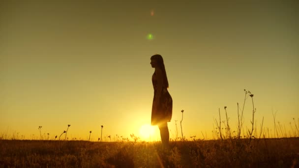 Ελεύθερη και χαρούμενη κοπέλα με μακριά μαλλιά άλματα στο ηλιοβασίλεμα από το χρυσαφένιο ήλιο. Αργή κίνηση. — Αρχείο Βίντεο