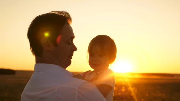 Joyeux papa tenant sa petite fille dans les bras du soleil. Papa marche avec bébé dans la prairie au coucher du soleil . — Video