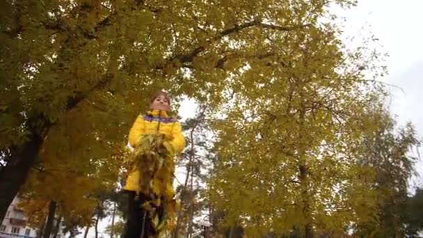 L'adolescente lancia foglie gialle verso l'alto e sorride in un parco autunnale. Rallentatore — Video Stock