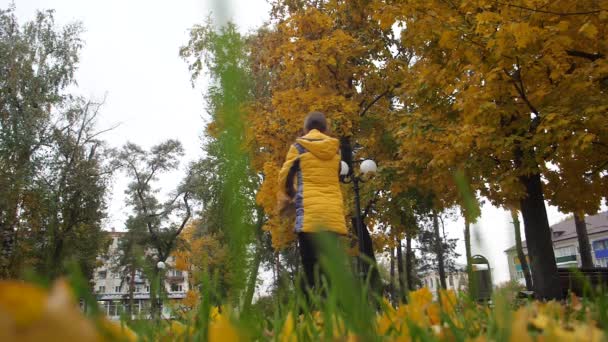 Meisje draait en foute herfstbladeren omhoog. Slow motion. — Stockvideo