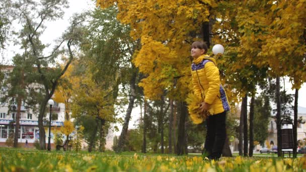 Menina adolescente jogando folhas de bordo no outono e sorrindo. Movimento lento . — Vídeo de Stock