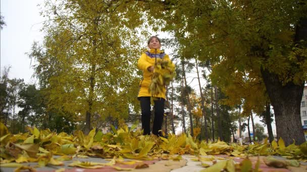 Menina feliz joga folhas amarelas no Parque no outono e sorri. As folhas de bordo caem lentamente no chão. Movimento lento . — Vídeo de Stock