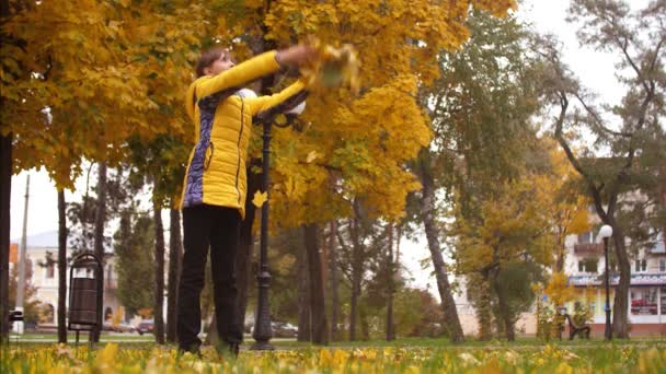 Κορίτσι στο πάρκο φθινόπωρο ρίχνει επάνω κίτρινα φύλλα από το σφένδαμνο. Αργή κίνηση. — Αρχείο Βίντεο