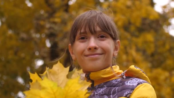 Meisje holding in handen maple laat in de herfst park en glimlachen. — Stockvideo