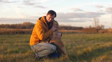 Adam köpek onunla tarlada yürüyüş eliyle, okşadı. sonbaharda bir köpek ile parkta yürüyüş aile.