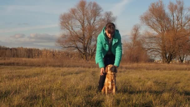 10 代の少女は、秋の草原の犬を再生します。家族が犬と一緒に公園の秋景色を歩く. — ストック動画