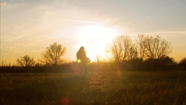 Meisje speelt met de hond aan de leiband, draait rond het veld. — Stockvideo