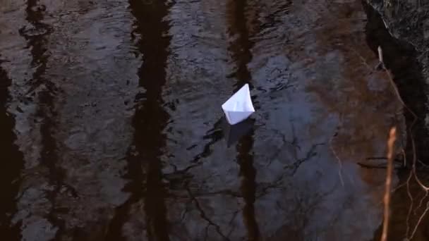 Weißes Papierboot segelt auf dem Herbstbach — Stockvideo