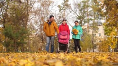 Anne baba ve kızı bir bebek arabası ile Sonbahar Park gidin. Ağır çekim.