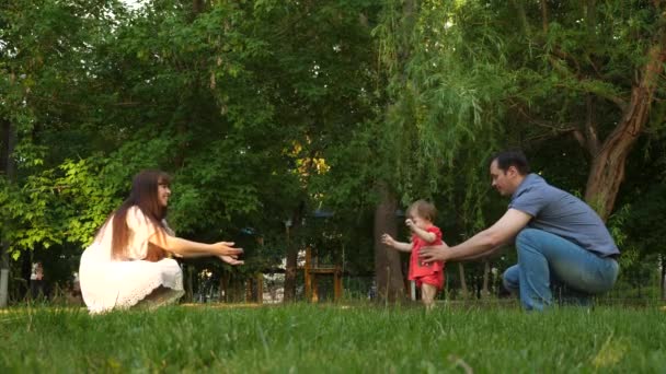 お父さんとお母さんは、芝生の上の小さな娘を公園で散歩を教えています。夏の公園で休んで家族. — ストック動画