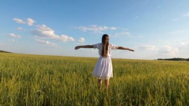 bir mavi gökyüzü arka plan buğday alanında dans beyaz elbiseli güzel kız