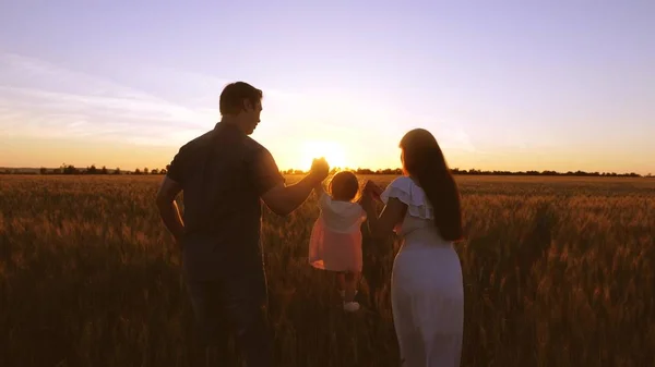 Kind met zijn ouders wandelingen veld met tarwe in stralen van gouden zonsondergang. — Stockfoto