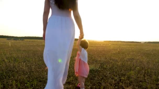 Pequeño bebé va adelante sosteniendo su mano madre en la puesta del sol brillante — Vídeo de stock