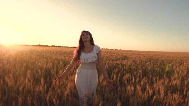 Ragazza felice in abito bianco cammina campo con grano nei raggi del bel tramonto. ragazza tocca le spighe di grano maturo. Rallentatore — Video Stock