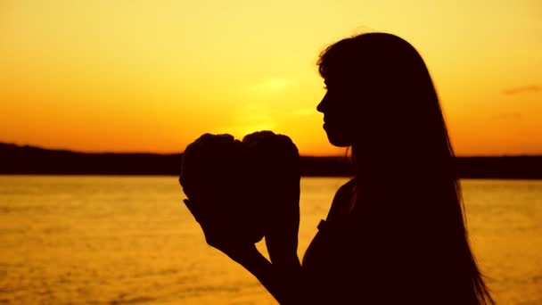 Silhouette of girl holds heart at beautiful sunset against sea. Девочка, держащая сердце на закате . — стоковое видео