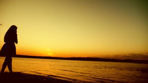 女の子のシルエットは、海に沈む夕日心を保持しています。夕日に心を持って美しい少女. — ストック動画