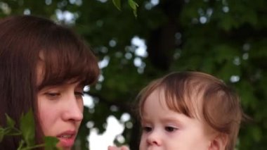 Küçük bebek annesinin kollarında oturma ağaç dalı yapraklarda kapalı gözyaşları ve onları parkta tadı.