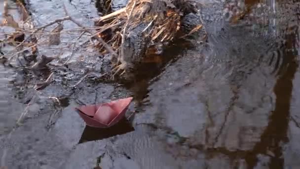 Längs bank floden brunt papper båt seglen i klart vatten . — Stockvideo