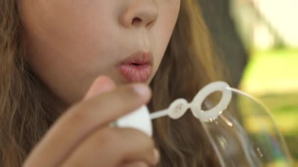 Adolescente menina deixa sair bolhas de sabão no parque de verão. close-up — Vídeo de Stock
