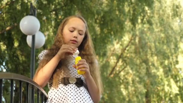 Meisje wordt opgeblazen zeepbellen en glimlacht in zomer park. — Stockvideo