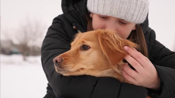 女の子には、彼の最愛の犬と笑顔が愛撫します。女の子は冬の公園で犬を抱擁、少し雪が降る。クリスマス休暇中にあなたのペットと一緒に歩きます。クローズ アップ — ストック動画