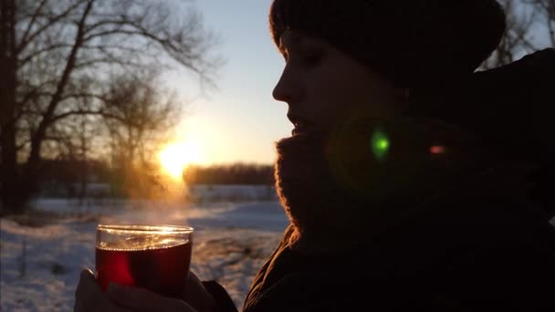 Piękna dziewczyna trzyma w jej ręce szkło gorącej herbaty o zachodzie słońca w winter park. Na mroźne powietrze para unosi ze szklanką gorącej kawy. — Wideo stockowe