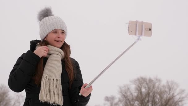 Fiatal lány fényképezett a smartphone és a Self-Stick, winter Park - karácsony reggel. Boldog lány sétál a havas erdőben, fehér hóesésben. — Stock videók