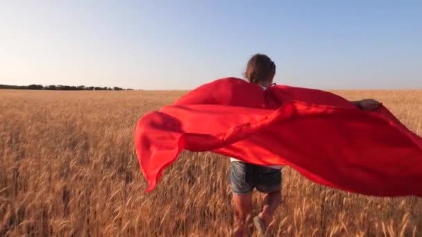 Junges Mädchen in rotem Regenmantel spielt Superhelden und rennt über ein Feld mit reifem Weizen vor blauem Himmel — Stockvideo