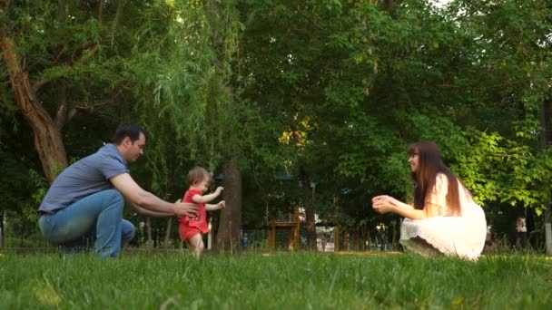 Barn tar första stegen på gräsmattan i parken i sommar, Mamma och pappa lär sig gå barnet — Stockvideo