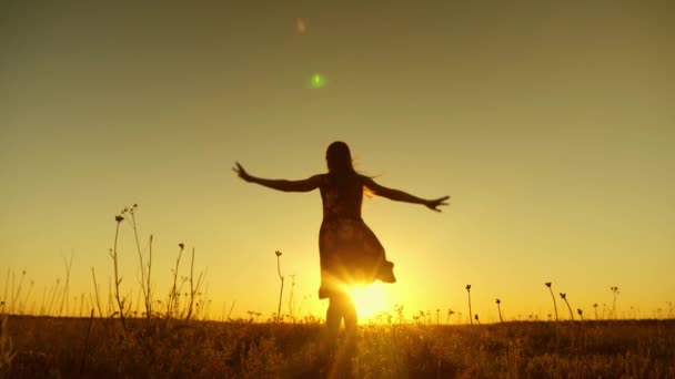 Boldog lány ugrik magas, napnyugtakor a golden sun egy meleg este. Lassú mozgás. — Stock videók
