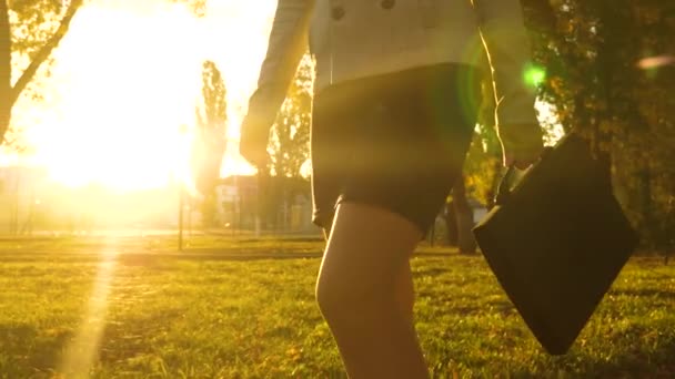 Mulher de negócios em passeios de saia no parque em raios do belo pôr do sol com pasta preta de documentos. belas pernas de mulher de negócios andando pela calçada. close-up — Vídeo de Stock