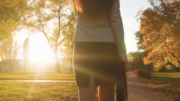 Una mujer de negocios hablando por celular. mujer camina en el parque en rayos de puesta del sol con maletín negro para documentos. hermosas piernas femeninas en falda y pantimedias están caminando a lo largo de la acera . — Vídeo de stock