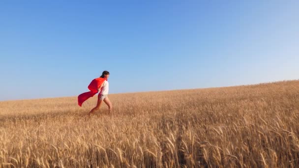 Chica en capa roja juega superhéroe en un campo con trigo. Movimiento lento . — Vídeos de Stock