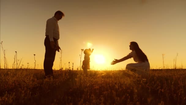 Küçük bir çocuk anne ve baba, çocuk, gün batımı, yavaş hareket alanı genç güzel aile ile yürümeyi öğrenir — Stok video