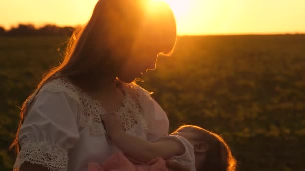 Mãe anda com a pequena criança no parque de verão no pôr do sol, a criança adormece em mãos de mães, tiro em câmera lenta — Vídeo de Stock