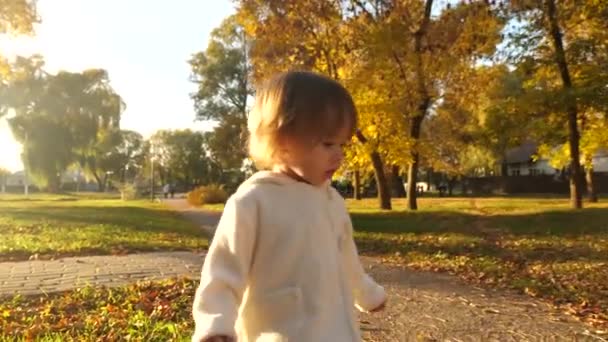 Niño pequeño corre en el parque de otoño sobre césped y hierba seca. Feliz bebé caminando por la noche en la calle . — Vídeos de Stock