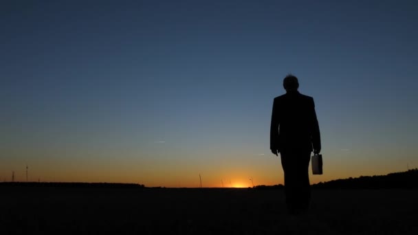 Silhouette di uomo d'affari con valigetta che cammina attraverso il campo al tramonto, contro un cielo blu — Video Stock