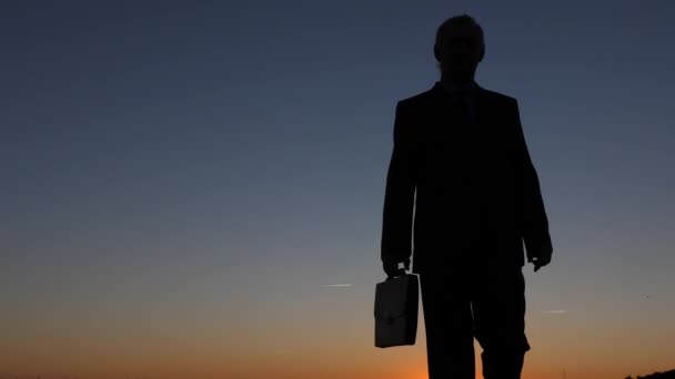 Silhouette di uomo d'affari con valigetta che cammina al tramonto, contro un cielo blu — Video Stock