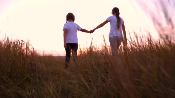 女の子は手を握るし、日没時厚さ、背の高い草の上を歩きます。ガール フレンドのフィールドでヘッドフォンで音楽を聴く. — ストック動画