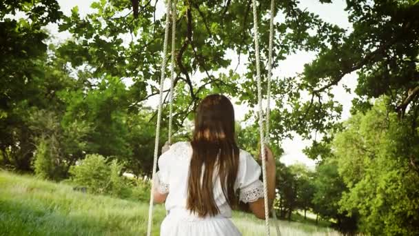 Chica balanceándose en rama de árbol en un columpio en el parque. Movimiento lento . — Vídeos de Stock