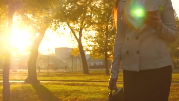 Mujer de negocios con maletín comprueba el correo electrónico en su teléfono en el parque de la ciudad con el telón de fondo de la puesta del sol — Vídeos de Stock